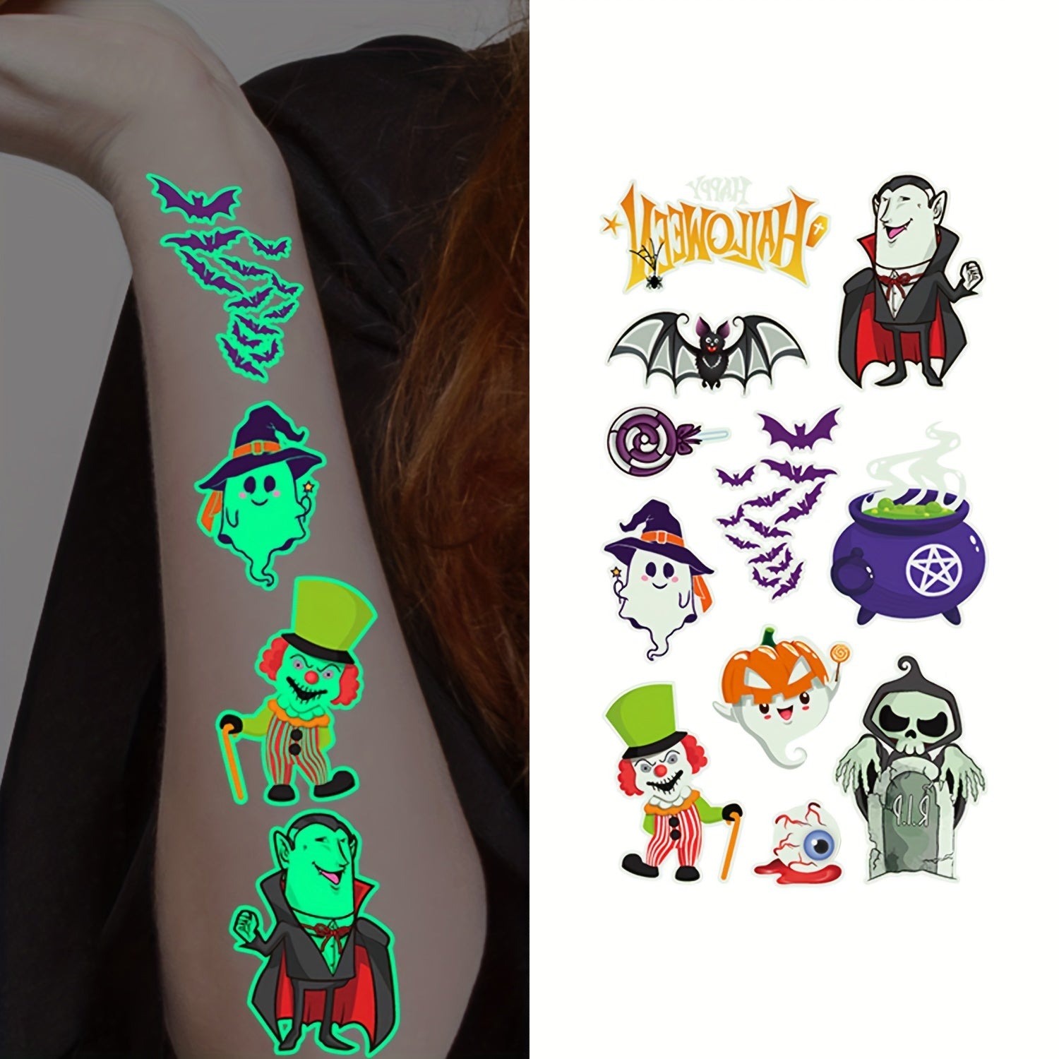 Glow-in-the-Dark Halloween Temporary Tattoos Waterproof Spooky Designs