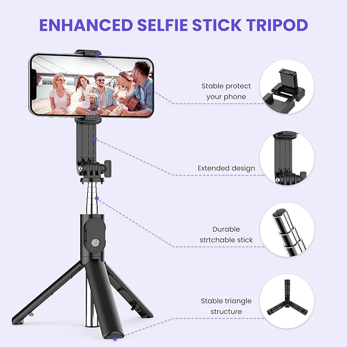 Wireless Bluetooth Selfie Stick with 6 Functions and Built-in Light