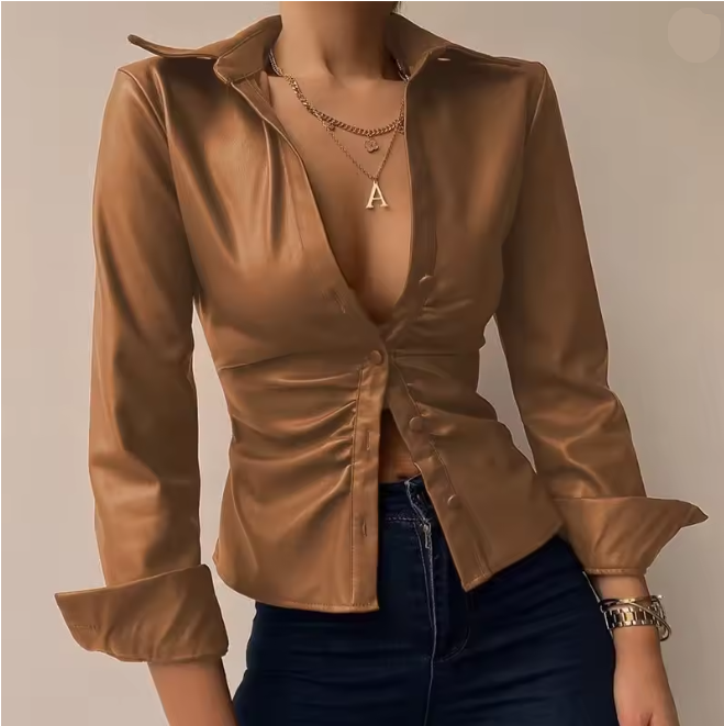 Women’s Blouse | V-Neck PU Leather & Printed Styles | Long Sleeve & Tie-Front | Comfortable Fit