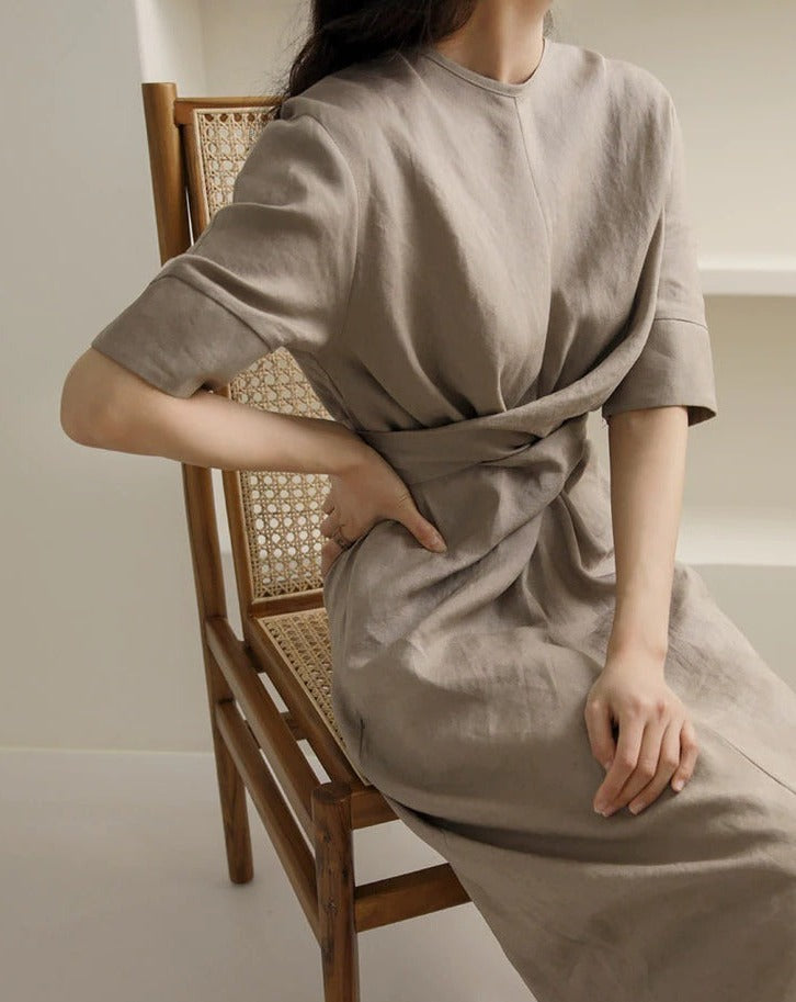 Women's Linen Midi Dress | Front Knot Wrap Design | Soft Cotton Fabric | Comfortable Fit