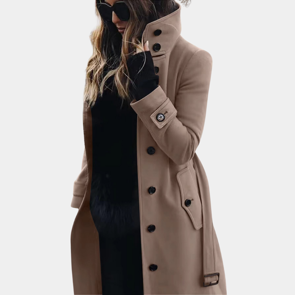 Women’s Trench Coat | Double-Breasted with Stand Collar | High-Quality Material | Figure-Hugging Fit