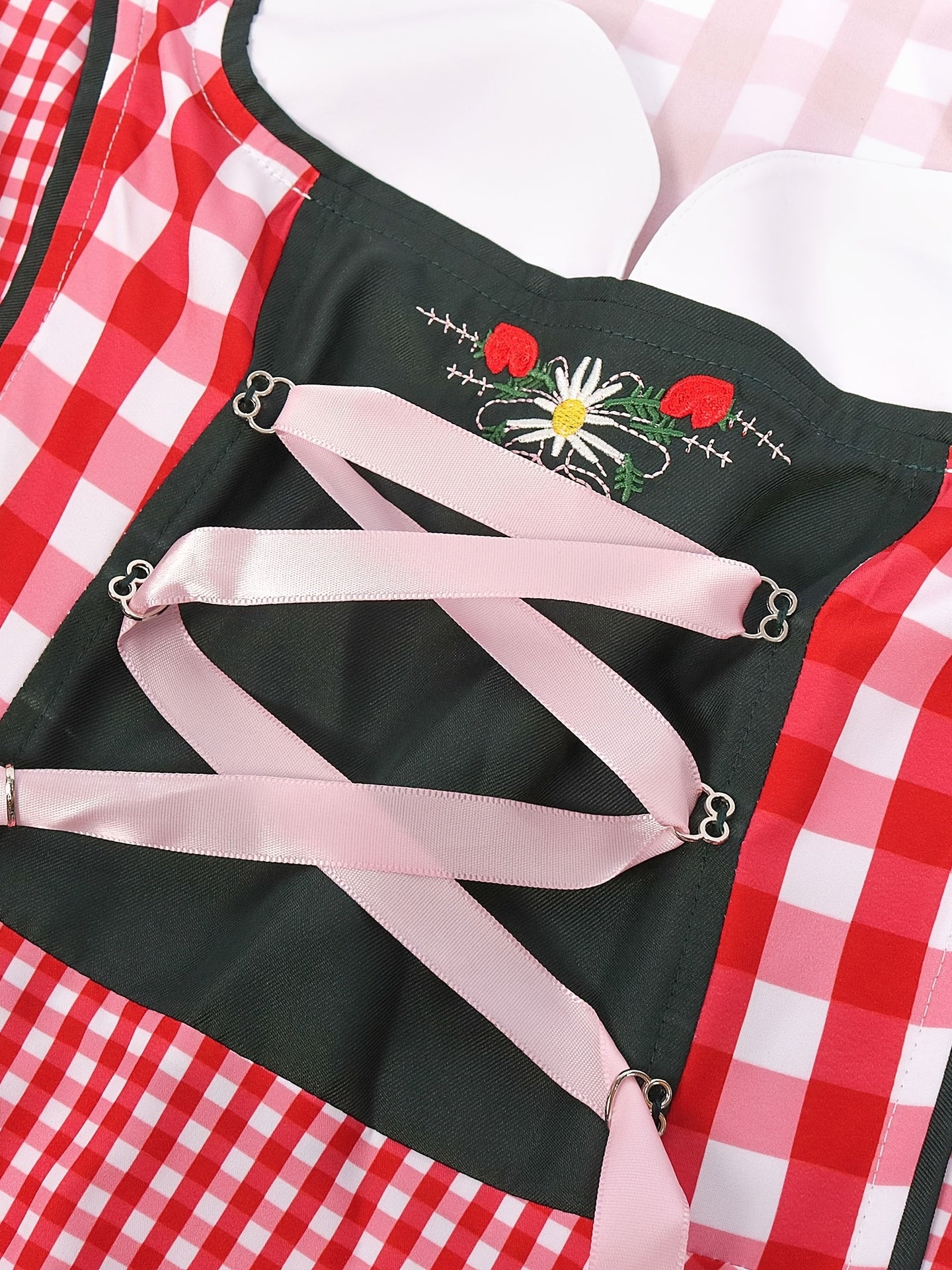 Women's Oktoberfest Dirndl Dress Red Gingham Checkered with Embroidery