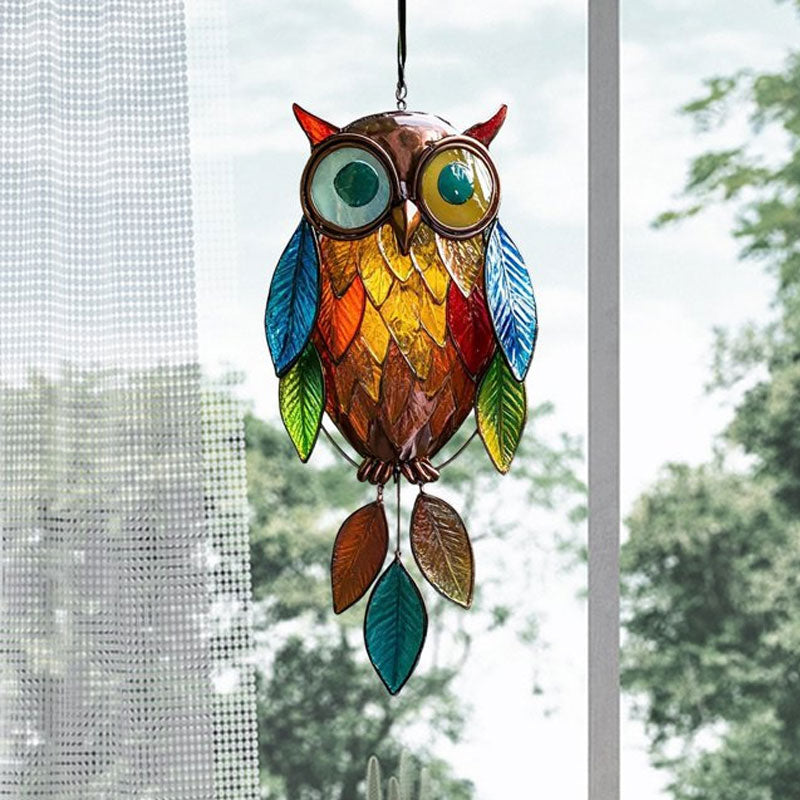 Hanging Owl Decoration with Vibrant Leaf Charms