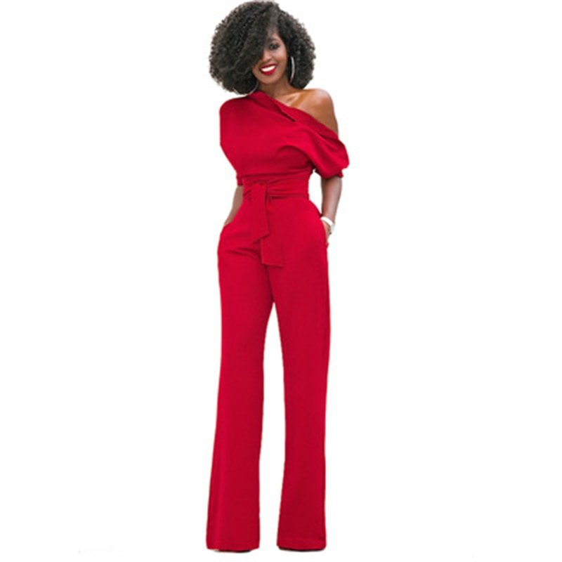 Women’s One-Shoulder Belted Wide-Leg Jumpsuit | Acrylic Fabric | Waist Tie Belt | Comfortable Fit