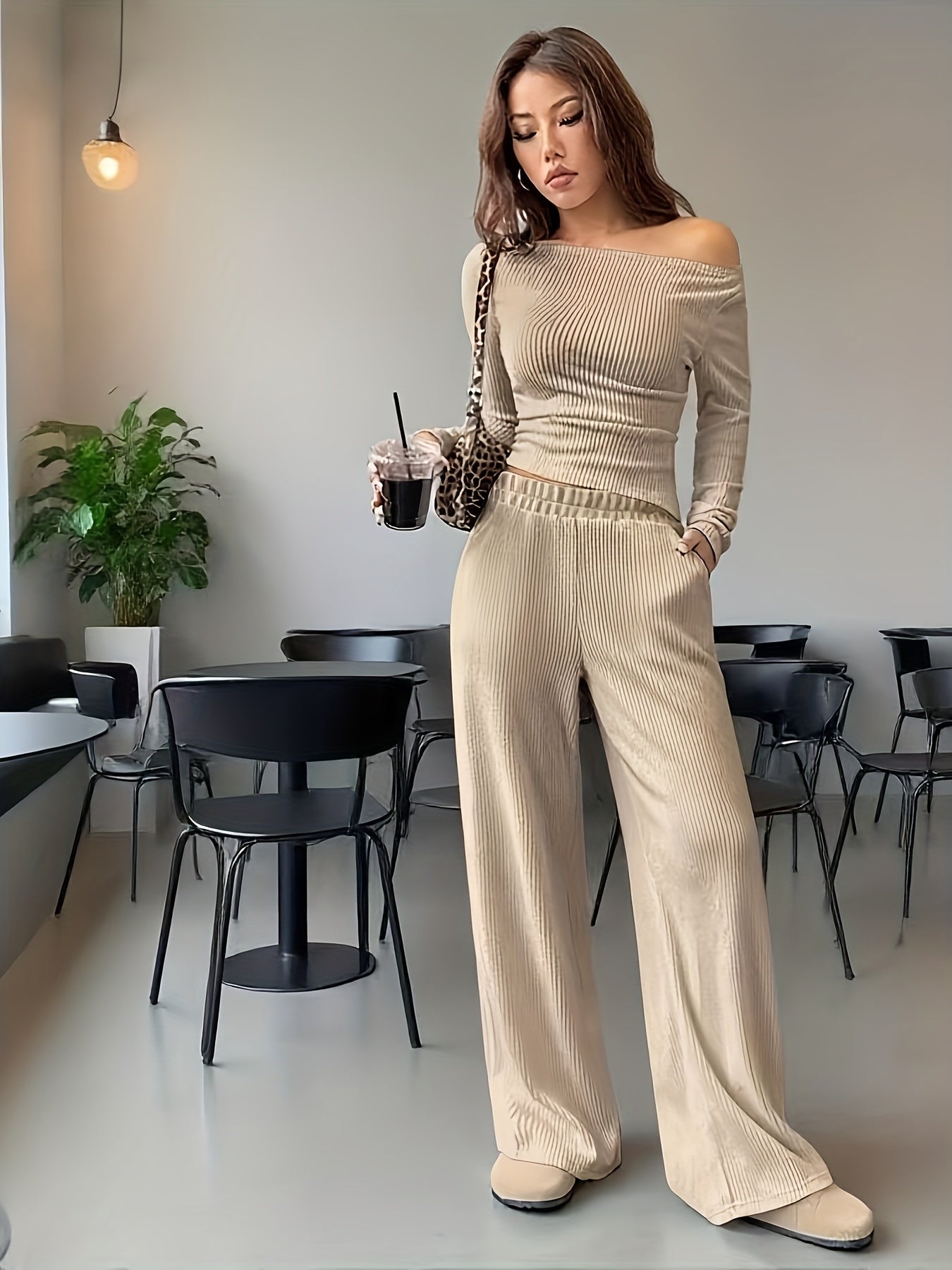 Two-Piece Knit Set | Long Sleeve Crop Top | Comfortable Everyday Wear | Polyester