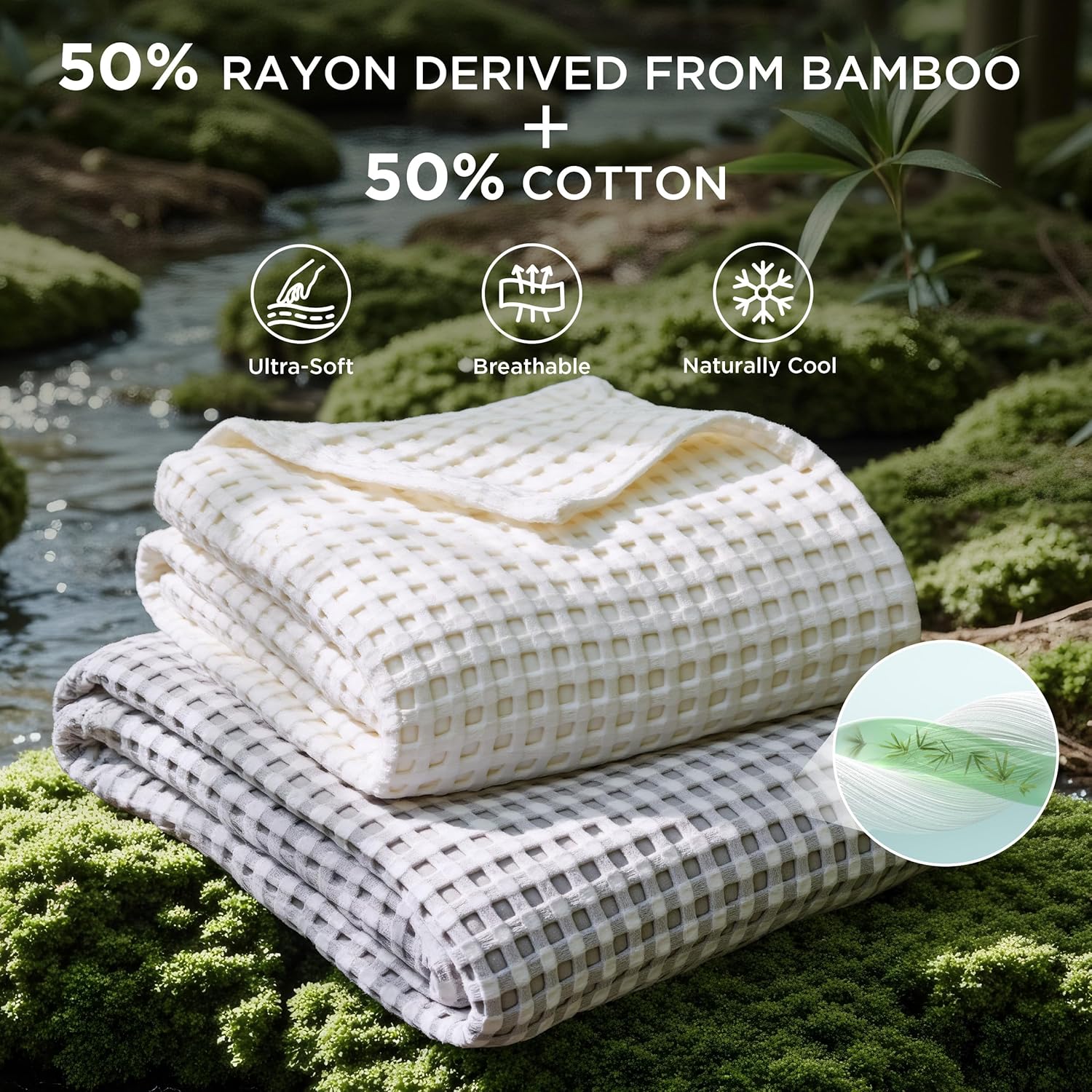 Lightweight Cotton and Bamboo Cooling Waffle Blanket - Queen Size Summer Throw