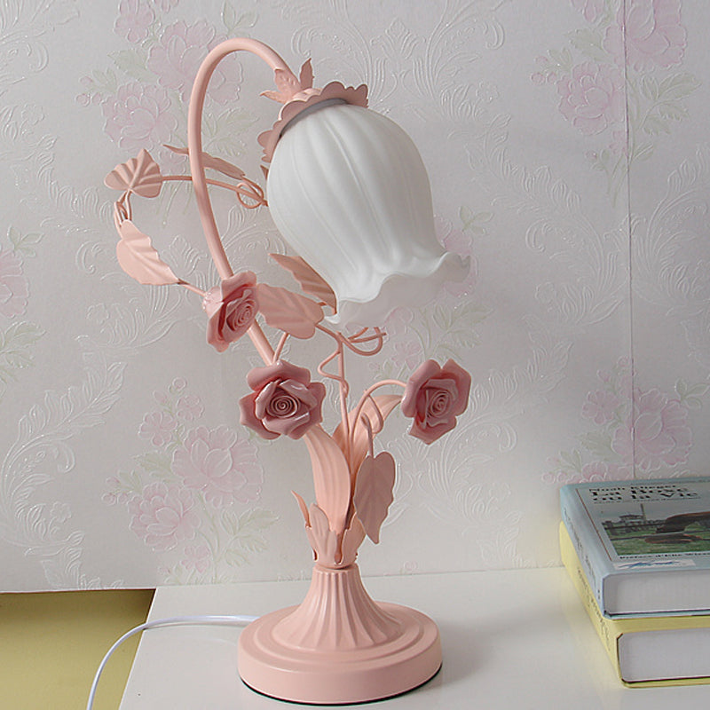 Scalloped Taavita Glass Table Light Romantic Pastoral 1 Head Night Lamp for Bedroom with Rose in Pink/Blue/White