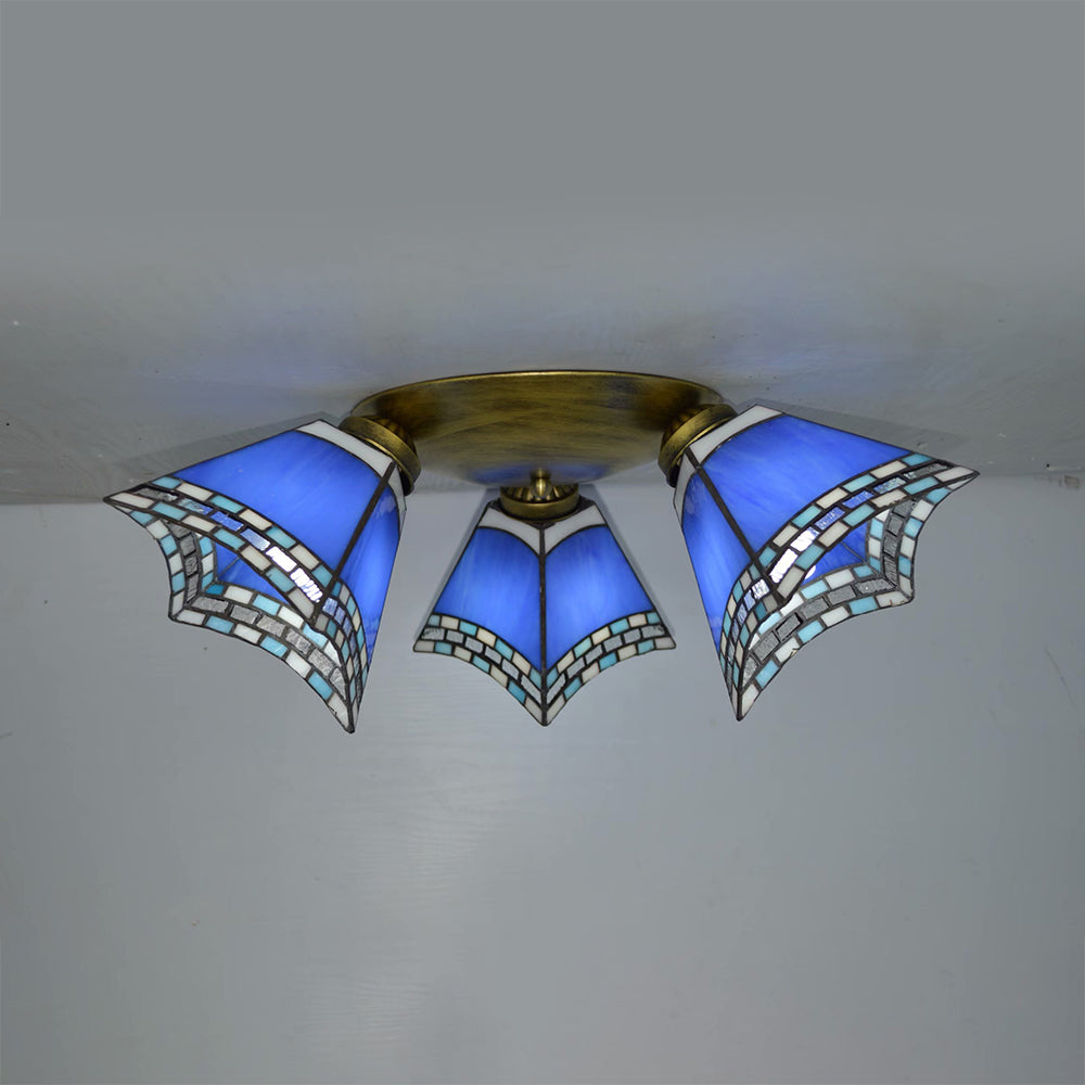 3 Heads Geometric Flushmount Light Vintage Stained Glass Flush Mount Ceiling Light in Yellow/Sky Blue/Pink/Green/Dark Blue for Bedroom Clearhalo 'Ceiling Lights' 'Close To Ceiling Lights' 'Close to ceiling' 'Glass shade' 'Glass' 'Semi-flushmount' 'Tiffany close to ceiling' 'Tiffany' Lighting' 92583