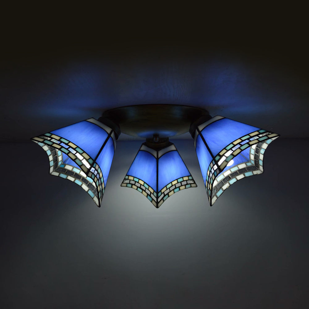 3 Heads Geometric Vintage Stained Glass Flushmount Light, Flush Mount Ceiling Light in Yellow/Sky Blue/Pink/Green/Dark Blue for Bedroom by Taavita