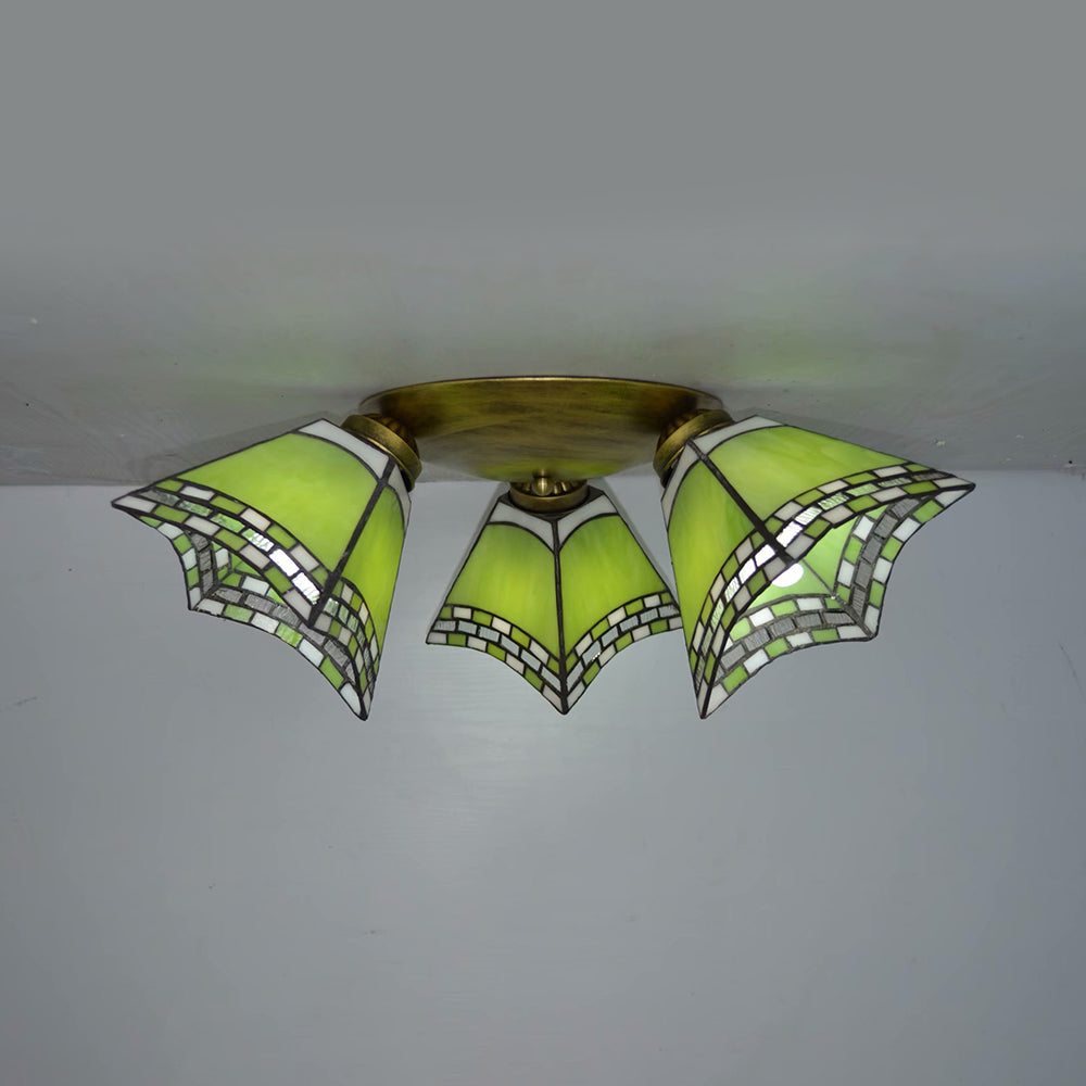 3 Heads Geometric Vintage Stained Glass Flushmount Light, Flush Mount Ceiling Light in Yellow/Sky Blue/Pink/Green/Dark Blue for Bedroom by Taavita