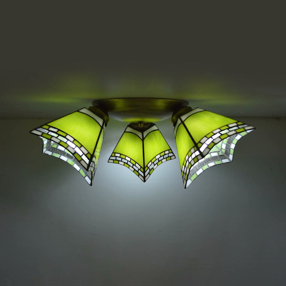 3 Heads Geometric Vintage Stained Glass Flushmount Light, Flush Mount Ceiling Light in Yellow/Sky Blue/Pink/Green/Dark Blue for Bedroom by Taavita
