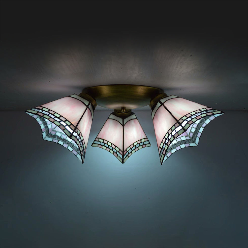 3 Heads Geometric Vintage Stained Glass Flushmount Light, Flush Mount Ceiling Light in Yellow/Sky Blue/Pink/Green/Dark Blue for Bedroom by Taavita