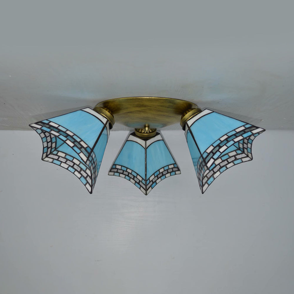 3 Heads Geometric Flushmount Light Vintage Stained Glass Flush Mount Ceiling Light in Yellow/Sky Blue/Pink/Green/Dark Blue for Bedroom Clearhalo 'Ceiling Lights' 'Close To Ceiling Lights' 'Close to ceiling' 'Glass shade' 'Glass' 'Semi-flushmount' 'Tiffany close to ceiling' 'Tiffany' Lighting' 92573