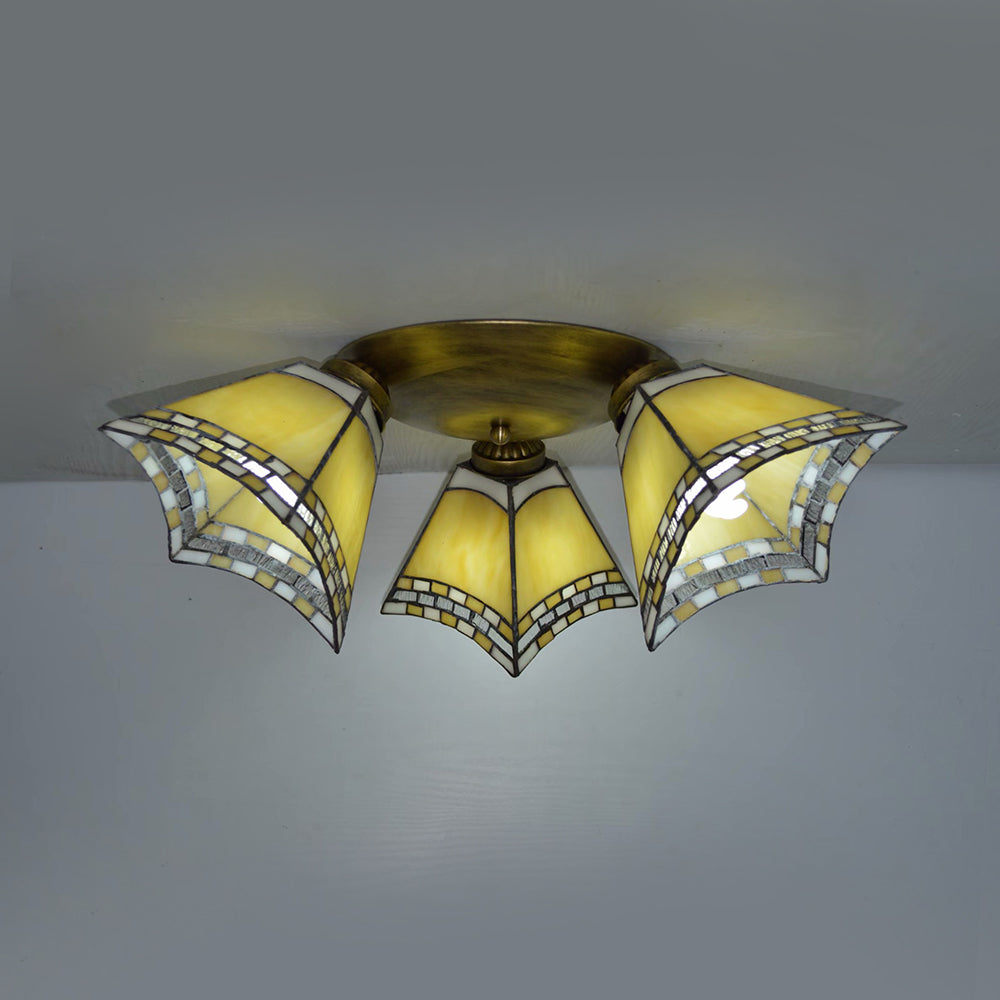 3 Heads Geometric Flushmount Light Vintage Stained Glass Flush Mount Ceiling Light in Yellow/Sky Blue/Pink/Green/Dark Blue for Bedroom Clearhalo 'Ceiling Lights' 'Close To Ceiling Lights' 'Close to ceiling' 'Glass shade' 'Glass' 'Semi-flushmount' 'Tiffany close to ceiling' 'Tiffany' Lighting' 92577