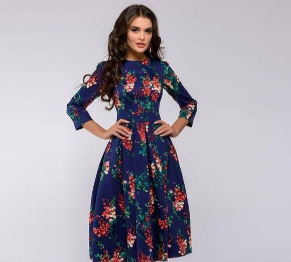 Women's Midi Dress | Retro-Inspired Puffy 3/4 Sleeves | Figure-Hugging Slim Waist | Versatile Occasion Wear