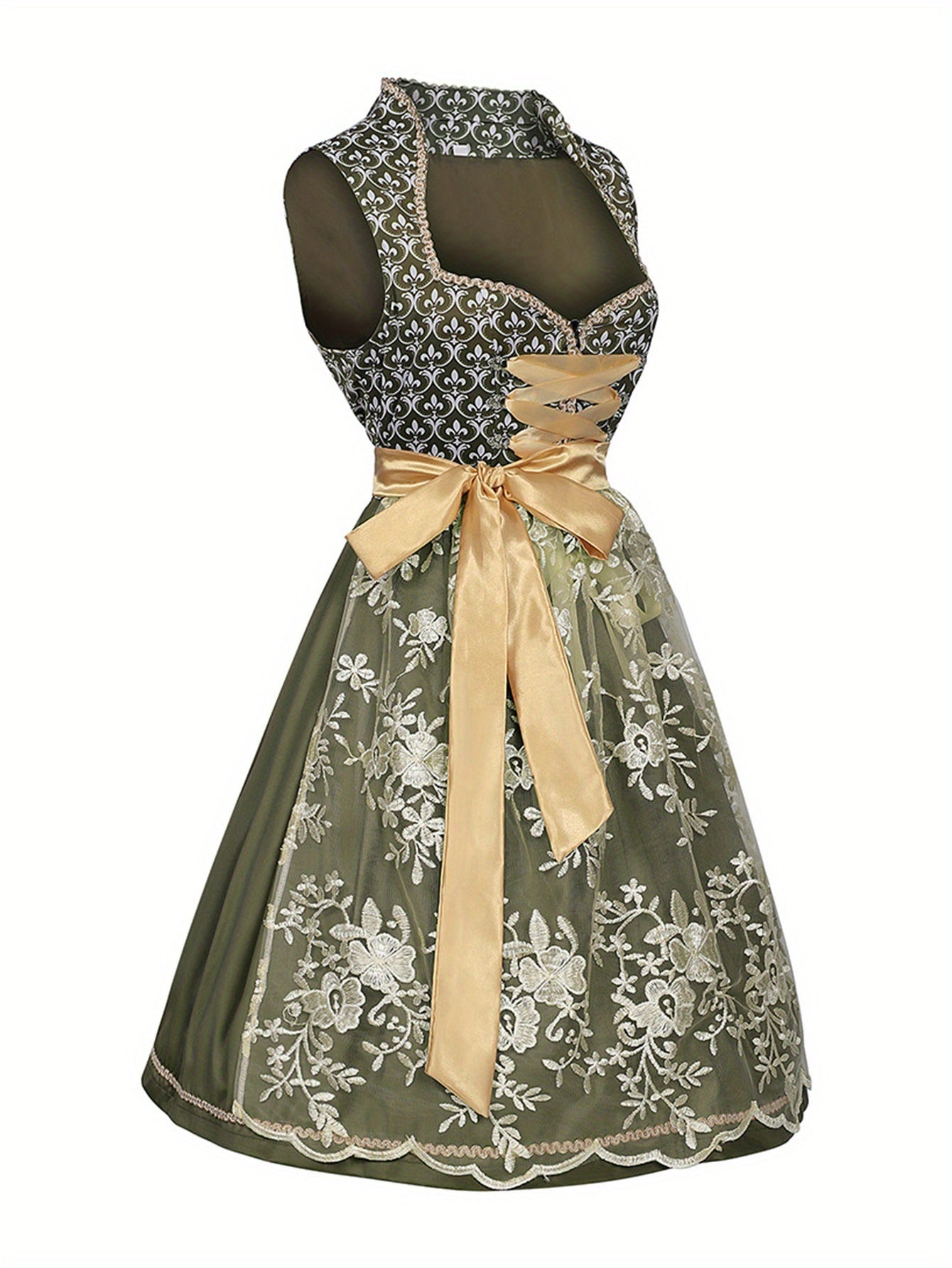 Women's Oktoberfest Dress Set with Floral Embroidery and Apron
