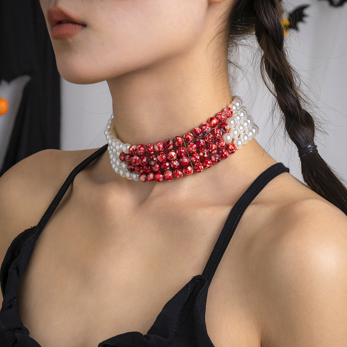 Halloween Dark Pearl Necklace with Blood Drop Design