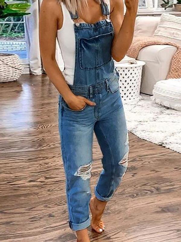 Women’s Distressed Denim Overalls | Adjustable Shoulder Straps & Ripped Design | Breathable Polyester | Casual Comfort
