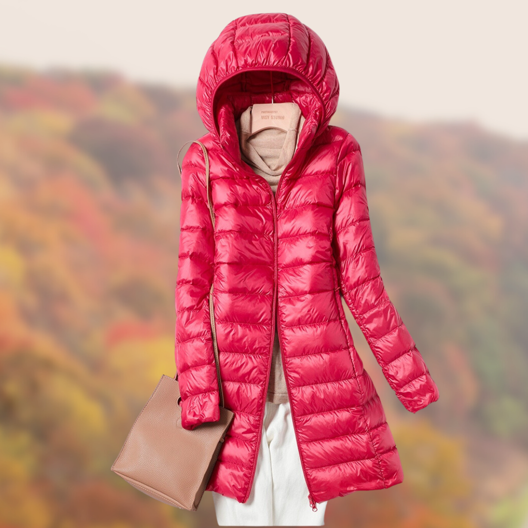 Women’s Hooded Down Coat | Ultralight Down Insulation | Longline Quilted Design | Transitional Weather