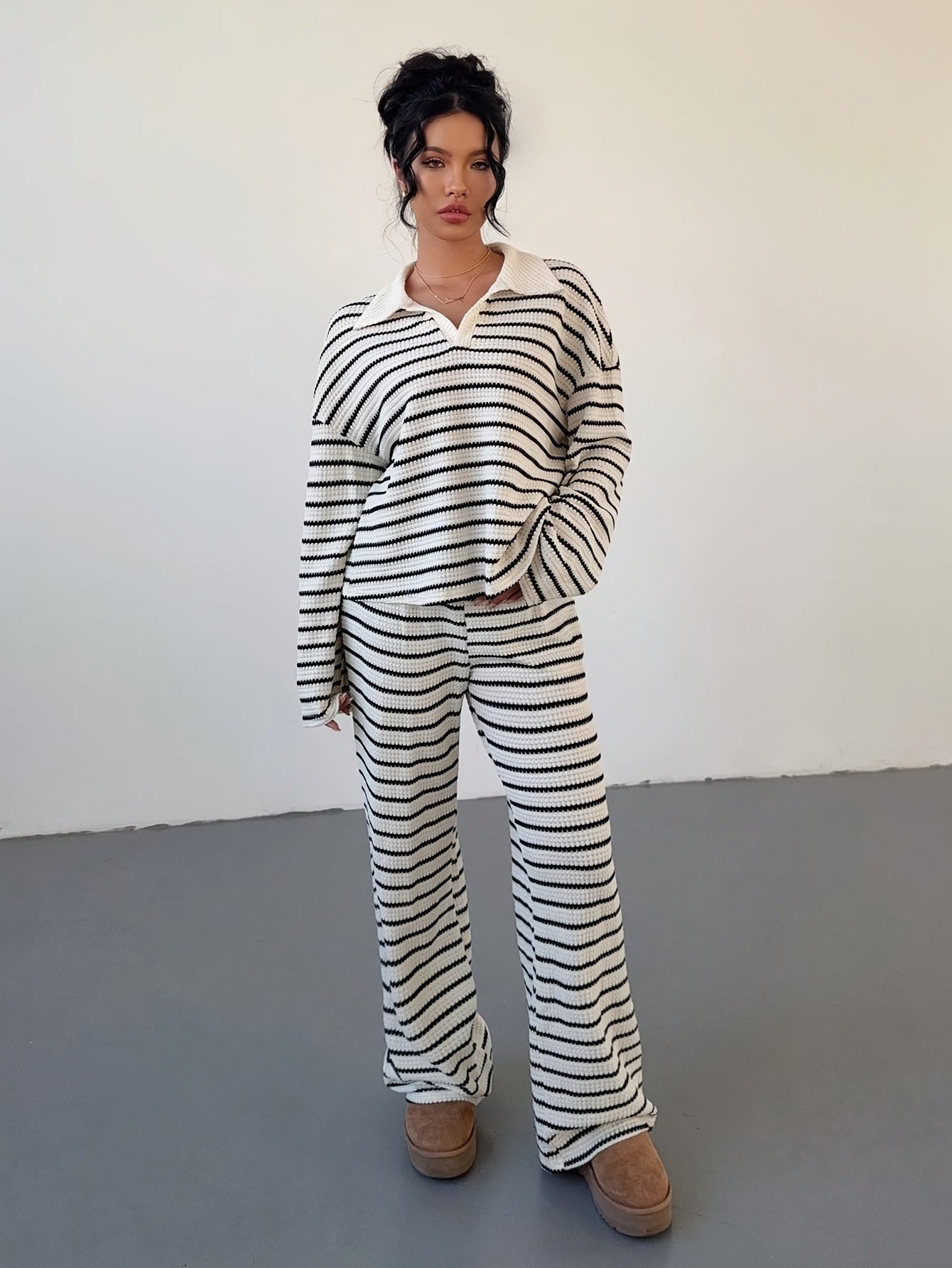 Striped Knitwear Set | Micro Elastic | Soft Comfortable Fit | Polyester