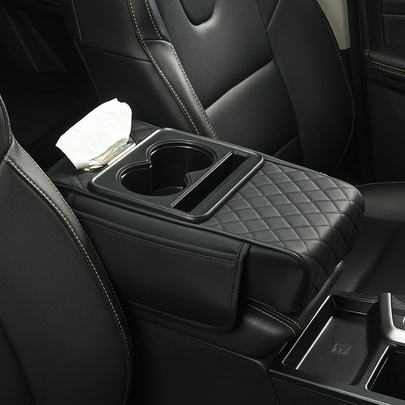 Faux Leather Armrest Cover for Car with Cup Holders and Storage