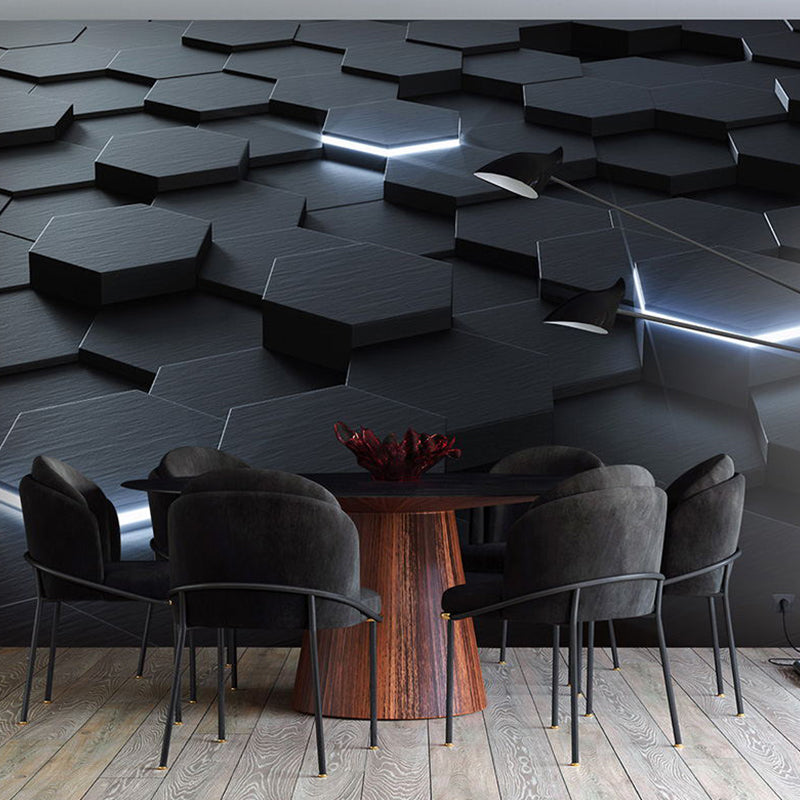 Taavita Photo Style - Wall Art with 3D Effect - Hexagon in Dark Color for Living Room, Made to Measure - 5-Panel, 4-Panel, 3-Panel, in Black Silver Gray White, Novelty, Non-Woven, Visual Illusion, Moisture Resistant, Horizontal, for Adult Rooms.