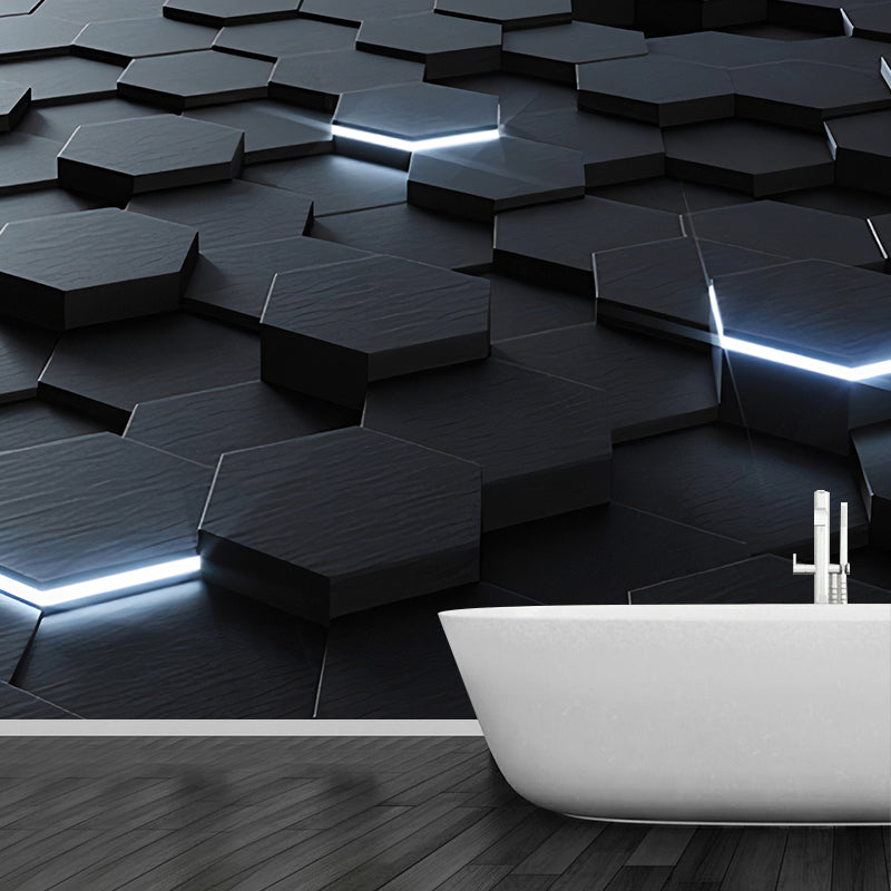 Taavita Photo Style - Wall Art with 3D Effect - Hexagon in Dark Color for Living Room, Made to Measure - 5-Panel, 4-Panel, 3-Panel, in Black Silver Gray White, Novelty, Non-Woven, Visual Illusion, Moisture Resistant, Horizontal, for Adult Rooms.