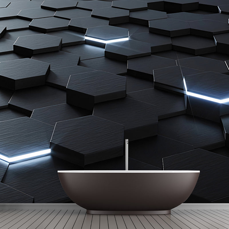 Taavita Photo Style - Wall Art with 3D Effect - Hexagon in Dark Color for Living Room, Made to Measure - 5-Panel, 4-Panel, 3-Panel, in Black Silver Gray White, Novelty, Non-Woven, Visual Illusion, Moisture Resistant, Horizontal, for Adult Rooms.