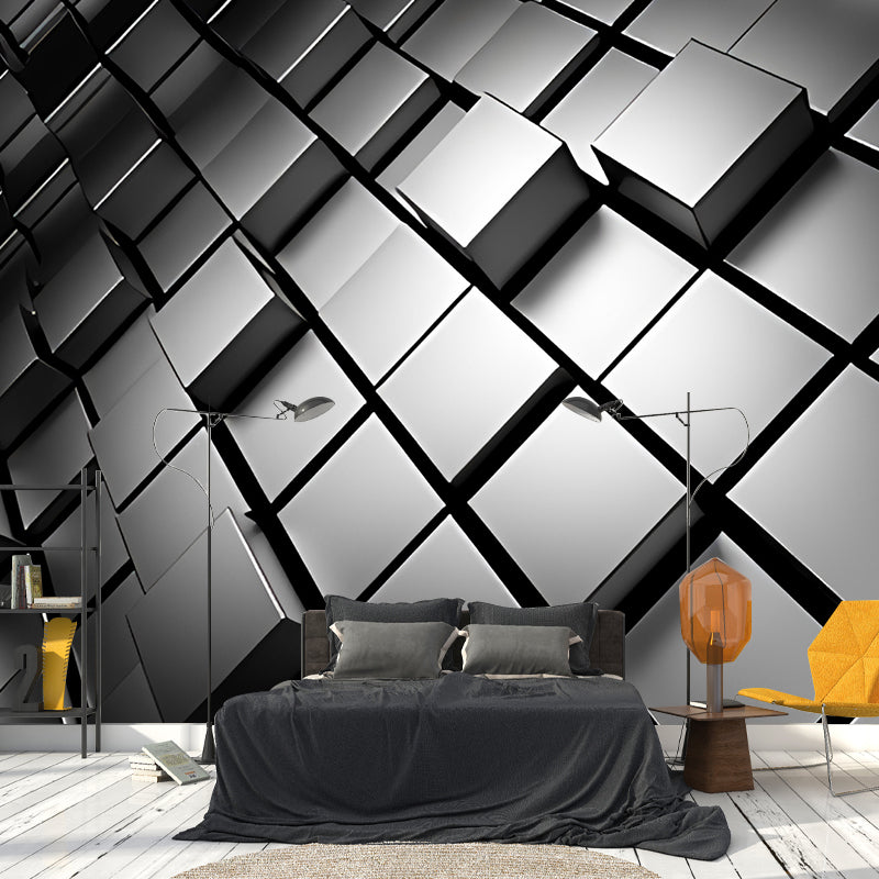 Taavita Photo Style - Wall Art with 3D Effect - Hexagon in Dark Color for Living Room, Made to Measure - 5-Panel, 4-Panel, 3-Panel, in Black Silver Gray White, Novelty, Non-Woven, Visual Illusion, Moisture Resistant, Horizontal, for Adult Rooms.