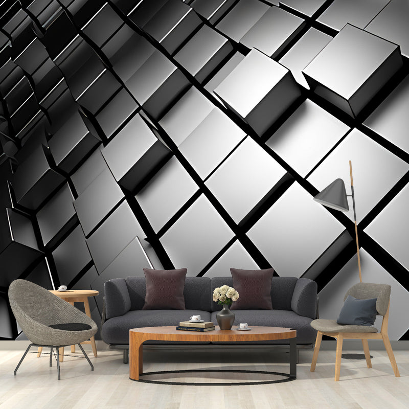 Taavita Photo Style - Wall Art with 3D Effect - Hexagon in Dark Color for Living Room, Made to Measure - 5-Panel, 4-Panel, 3-Panel, in Black Silver Gray White, Novelty, Non-Woven, Visual Illusion, Moisture Resistant, Horizontal, for Adult Rooms.