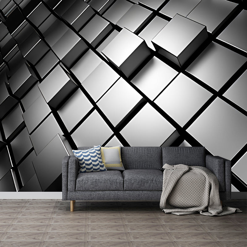 Taavita Photo Style - Wall Art with 3D Effect - Hexagon in Dark Color for Living Room, Made to Measure - 5-Panel, 4-Panel, 3-Panel, in Black Silver Gray White, Novelty, Non-Woven, Visual Illusion, Moisture Resistant, Horizontal, for Adult Rooms.