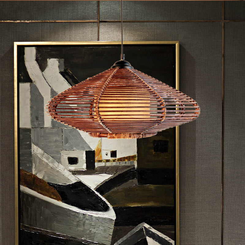 Handwoven Rattan Disc Hanging Bright Asian Style-1 Pendant Lamp in Brown for Restaurants by Taavita