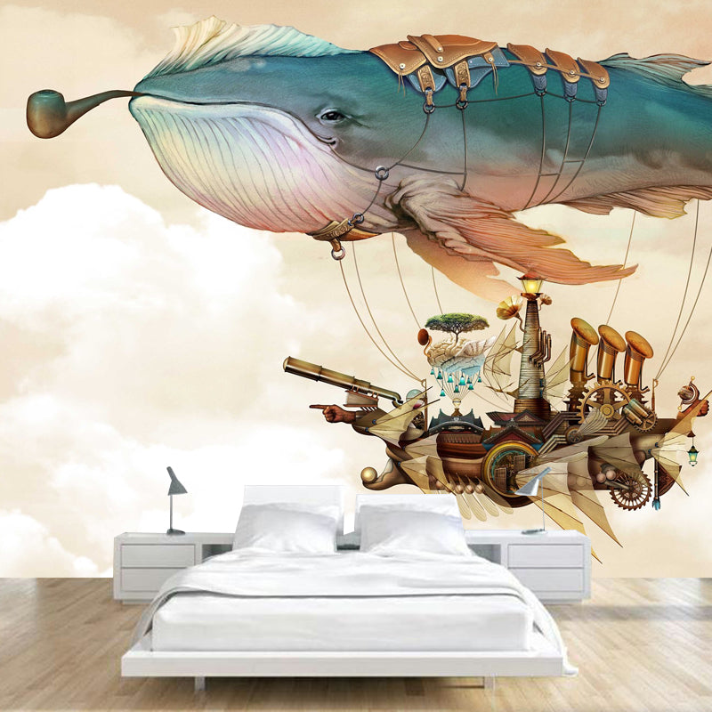 Minimalist Whale Wall Mural in Blue and Yellow Children's Bedroom Wall Decor, Made to Measure Clearhalo 'Wall Decor' 'Wall Mural' 977158