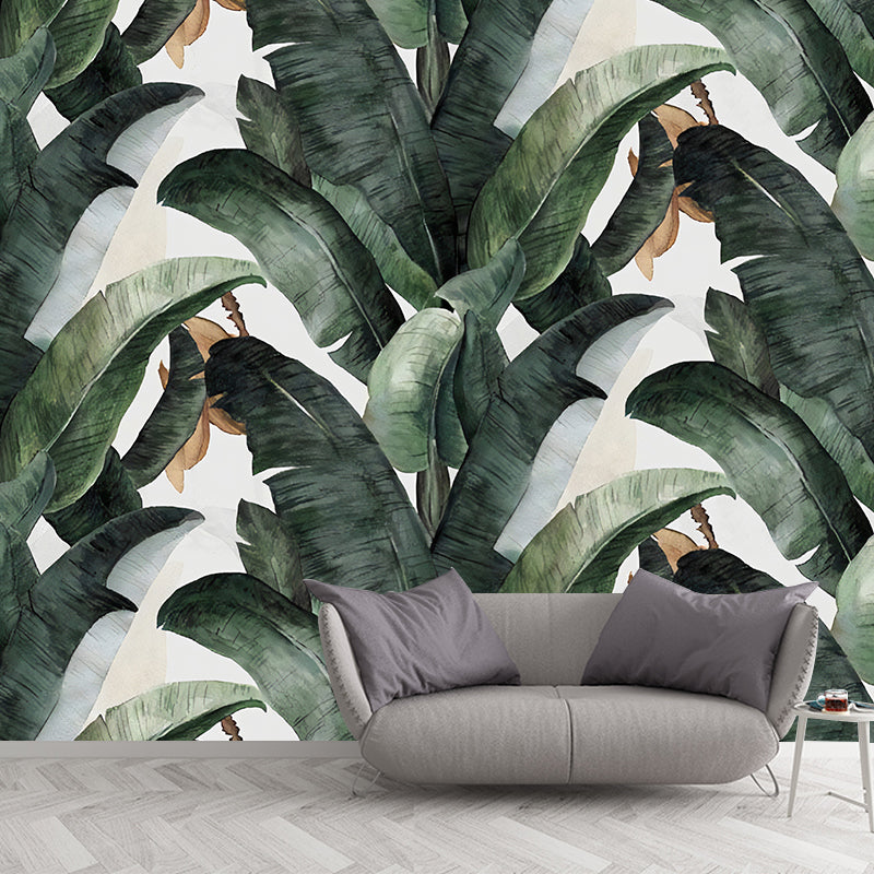Tropical Banana Leaves Mural Wallpaper for Living Room Decoration, Green and White, Custom-Printed Green Clearhalo 'Wall Decor' 'Wall Mural' 977409