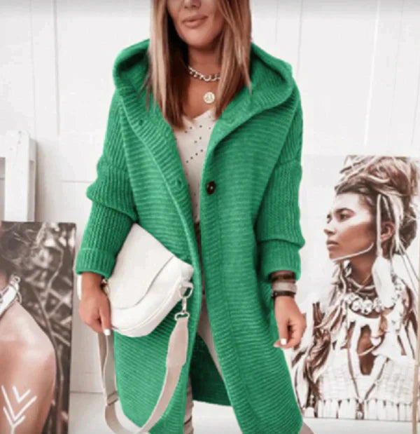Women’s Hooded Long Knit Cardigan | Oversized Cozy Knit | Buttoned Front | Comfortable Fit