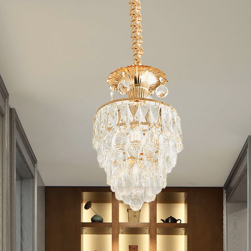 1-Light Modern Gold Tapered/Layered Down Lighting Clear Crystal Dining Table Pendant Lamp by Taavita