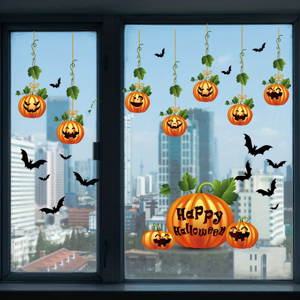 10-Pack Halloween Window Stickers – Reusable Double-Sided Pumpkin Decals – Static Cling for Living Room, Kitchen, Bathroom Party Décor