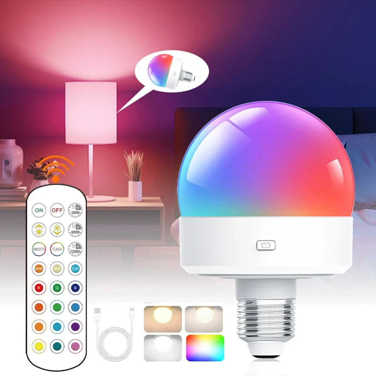 Remote-Controlled E27 Rechargeable LED Lamp with RGB Colors – Wireless