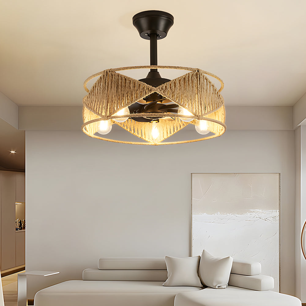 20-inch Rope-Woven Caged Ceiling Fan with Light and Remote, 6-Speed