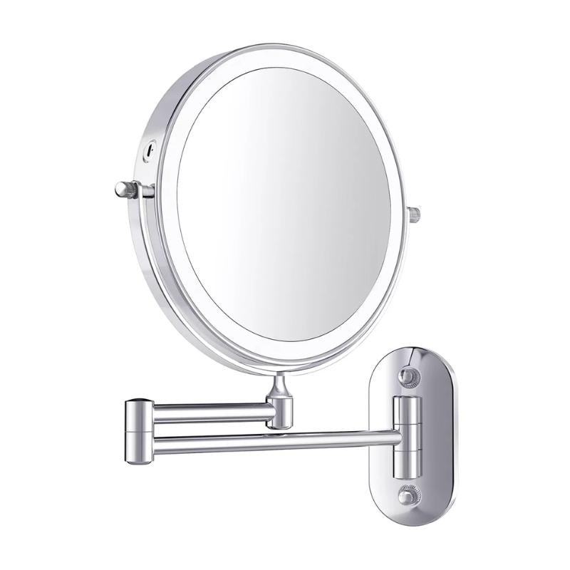Wall-Mounted LED Magnifying Vanity Mirror | Adjustable Arm & Rechargeable LED Light | Chrome Silver & Stainless Steel | Space-Saving Design