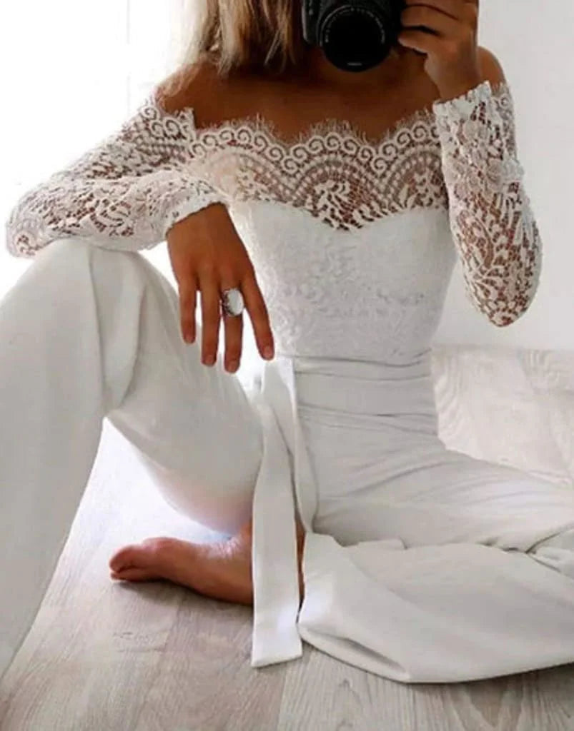 Women's Lace Off-Shoulder Jumpsuit | Long Sleeves & Waist Tie | Polyester & Lace | Formal Occasion Wear