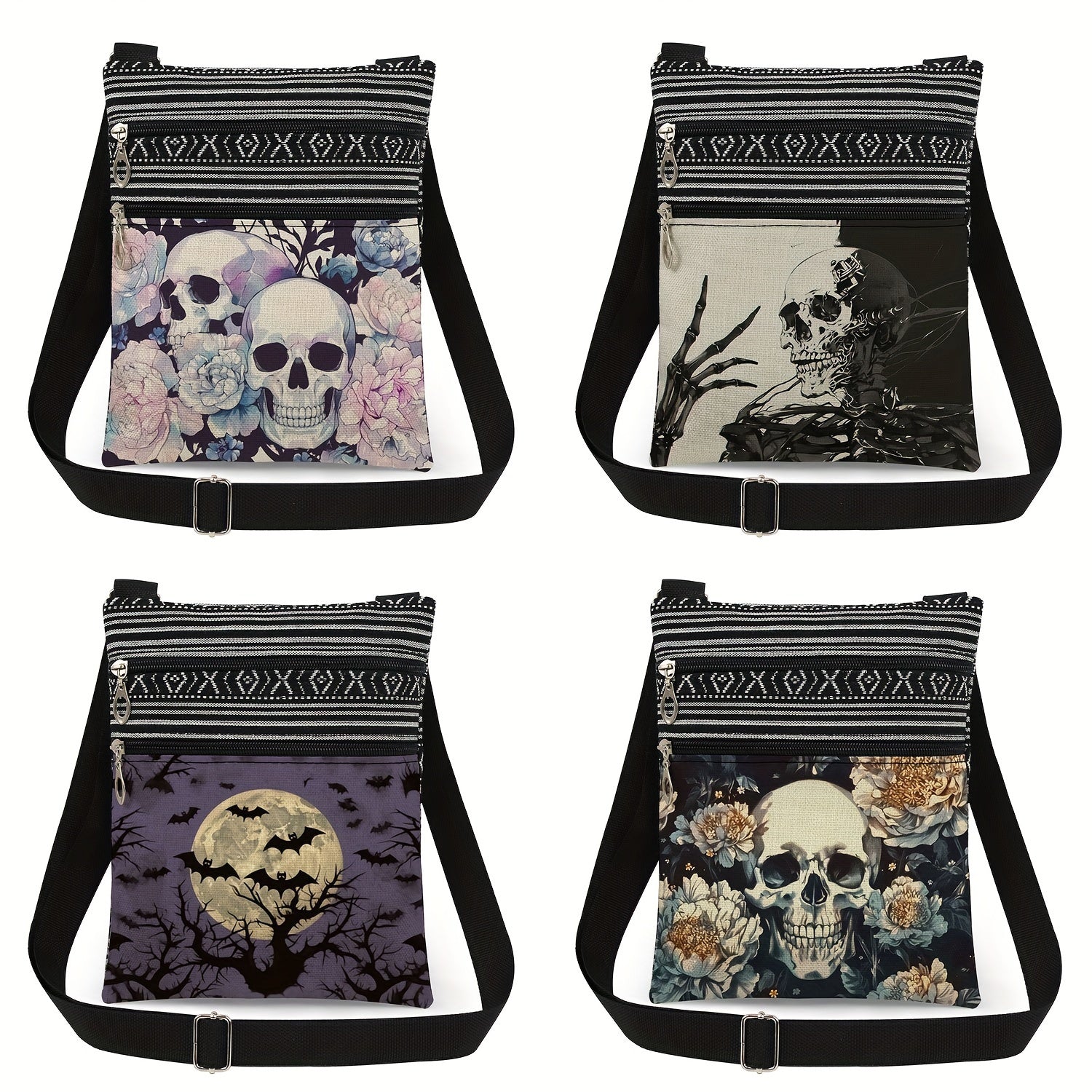 Gothic Skull and Bat Print Shoulder Bag Lightweight Halloween Accessory