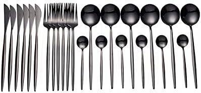 Cutlery Set | Black Stainless Steel with Mirrored Finish | 24 or 48 Pieces | Ergonomic & Durable Design