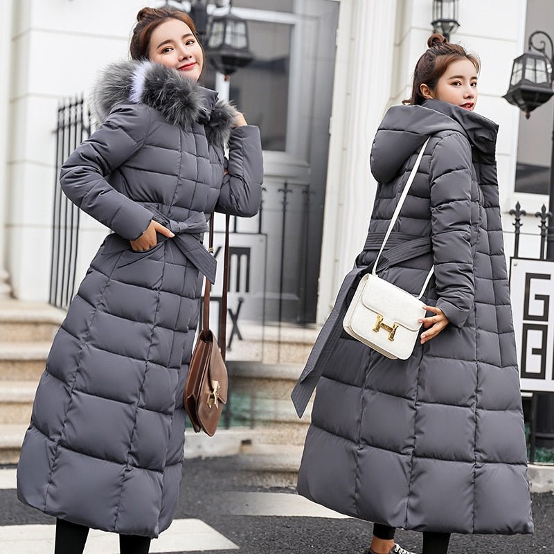 Women's Long Puffer Coat | Fur-Trimmed Hood & Belted Waist | Quilted Insulation | Comfortable Winter Wear