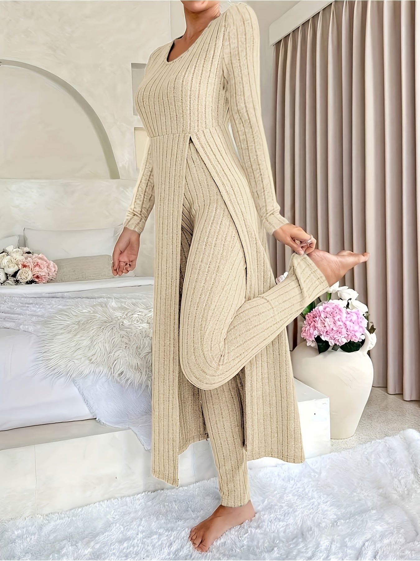 Women’s Lounge Set | Ribbed Long Sleeve | Comfortable Casual Wear | Stretch Fabric