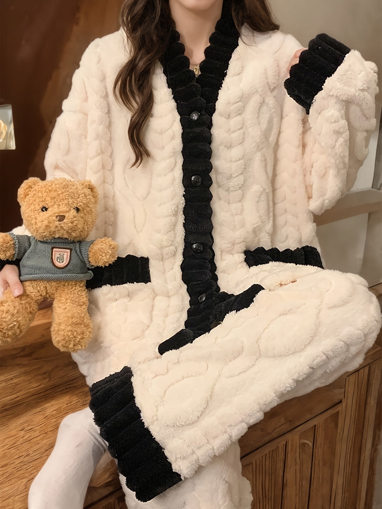 Fleece Lounge Set | V-Neck Button Top | Cozy Winter Warmth | Polyester