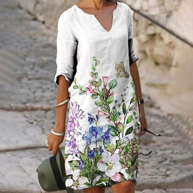 Women's Knee-Length Dress | Timeless V-Neck & 3/4 Sleeves | Polyester Fiber | All-Day Comfort