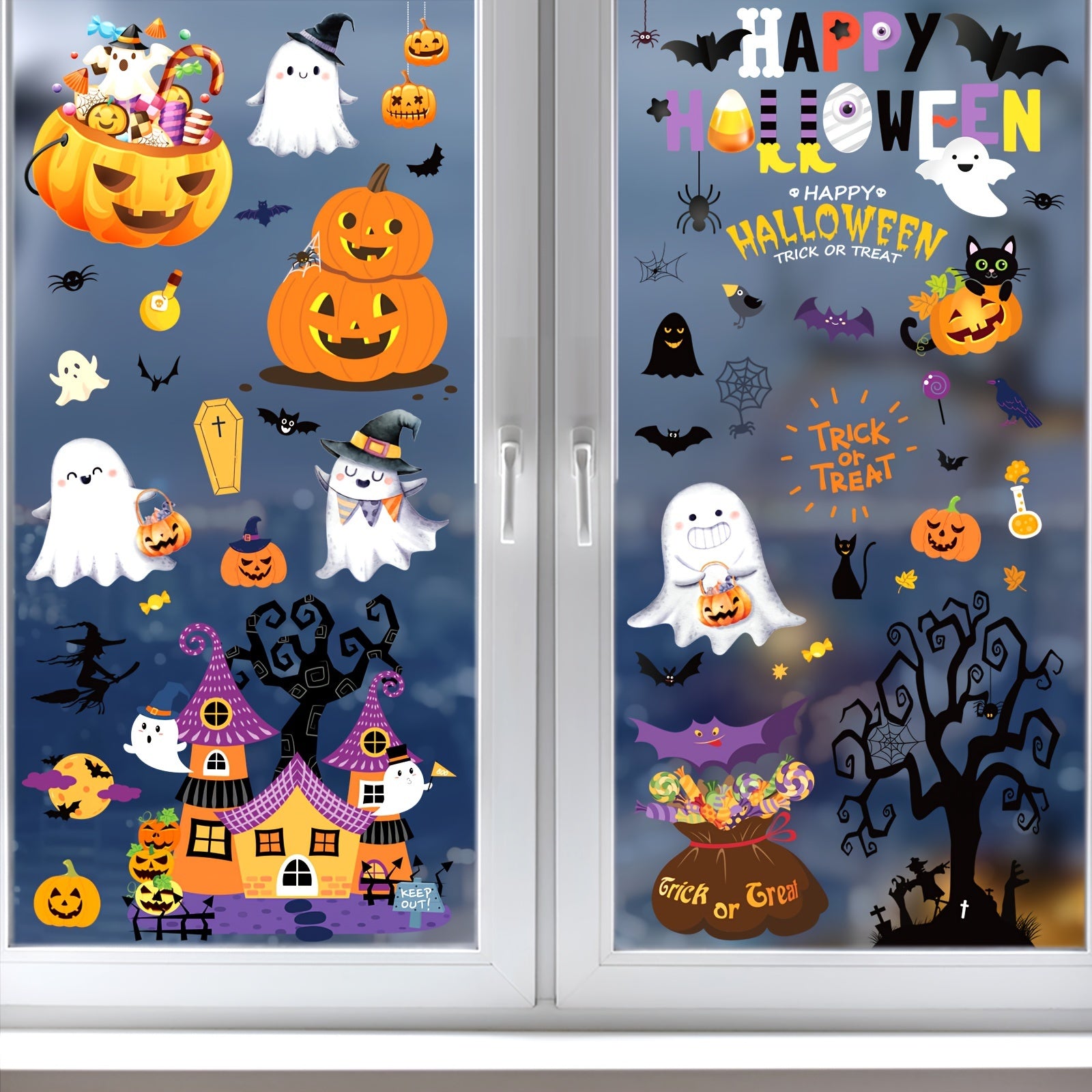 Reusable Halloween Window Clings - Spooky Bats & Pumpkin Decorations - 172 pcs
