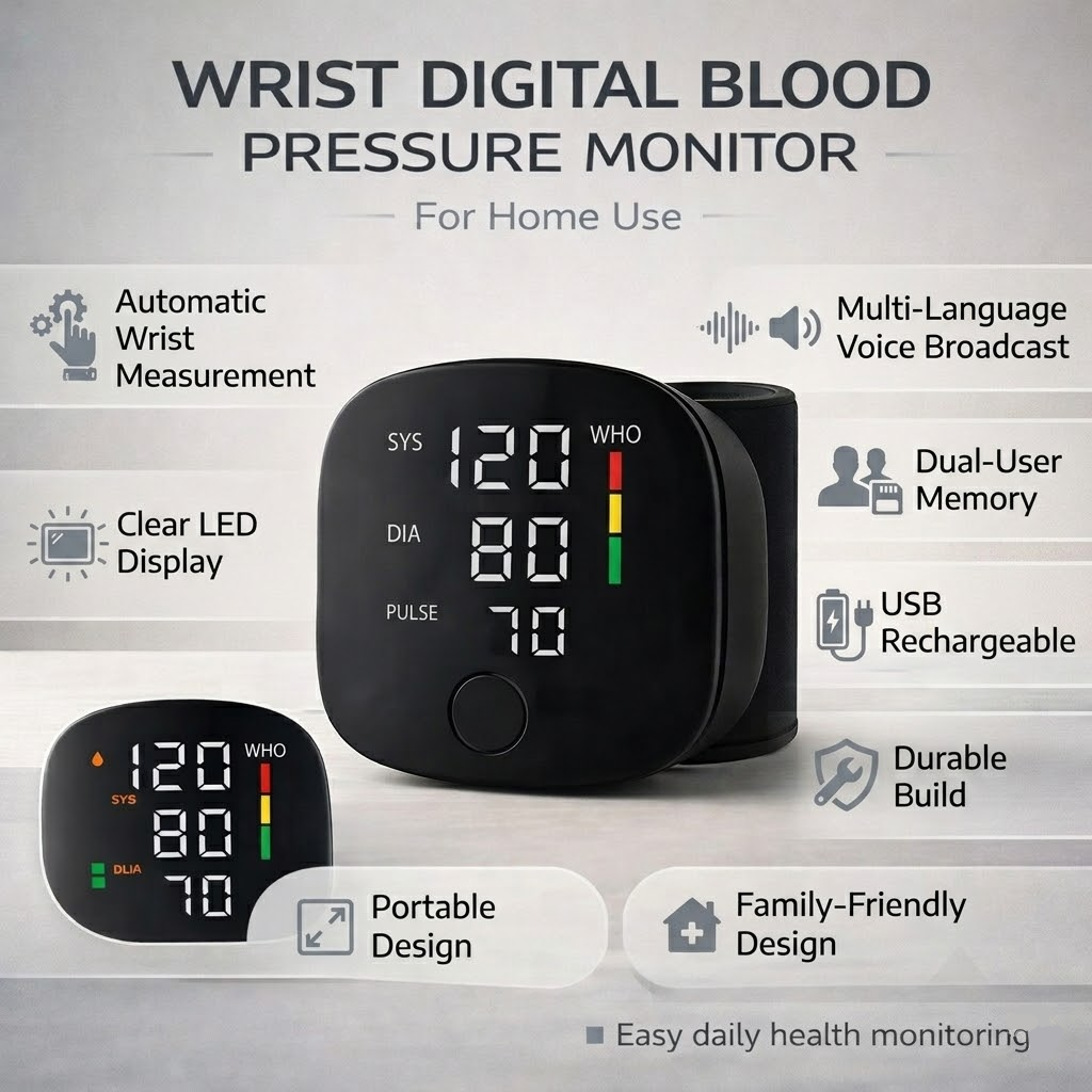Compact Smart Wrist Blood Pressure Tracker for Home Use