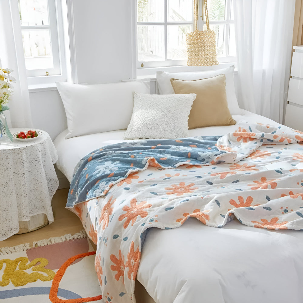 Lightweight Cotton Reversible Blanket with Colorful Abstract Design